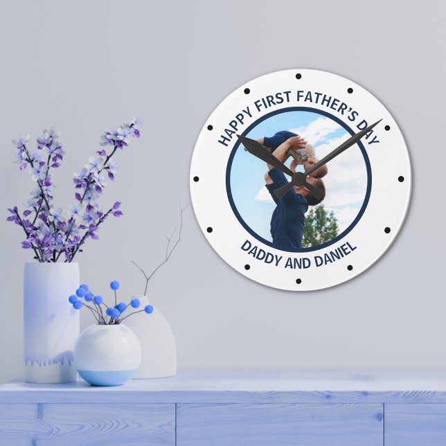 Horloge Ronde Joyeuse Fête des Premiers Pères Photo & Texte Pers (Créateur téléchargé)