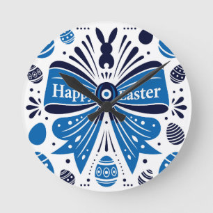 Horloge Ronde Joyeuses Pâques Arc Bleu Art Populaire Lapin & Œuf