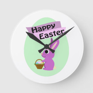 Horloge Ronde Joyeuses Pâques ! Lapin rose