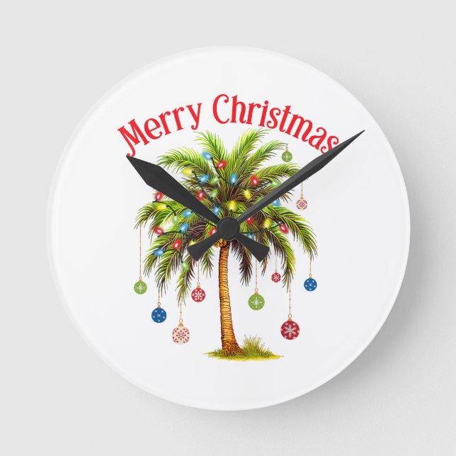 Horloge Ronde Joyeux Noël Palm Tree Light Hawaiian Tropical (Recto)