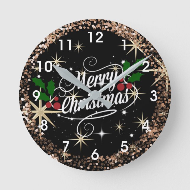 Horloge Ronde Joyeux Noël pétillant et parties scintillant, (Recto)