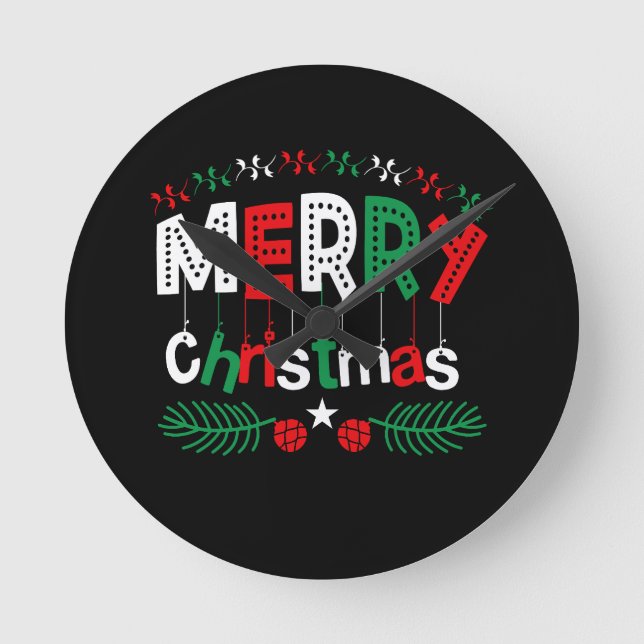 Horloge Ronde Joyeux Noël Rouge Vert Blanc (Recto)