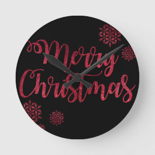 Horloge Ronde Joyeux Noël Typographie de flocon de neige noir et