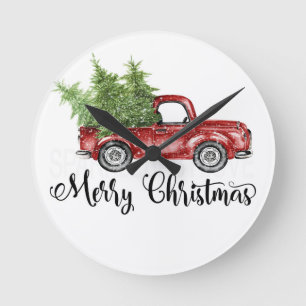 Horloge Ronde Joyeux Noël Vintage Retro Red Truck Cube Face