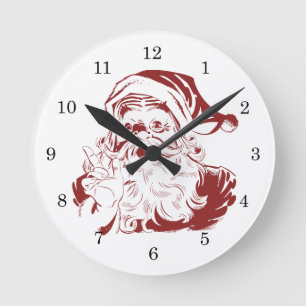 Horloge Ronde Joyeux Père Noël en rouge, fun rétro, Joyeux Noël