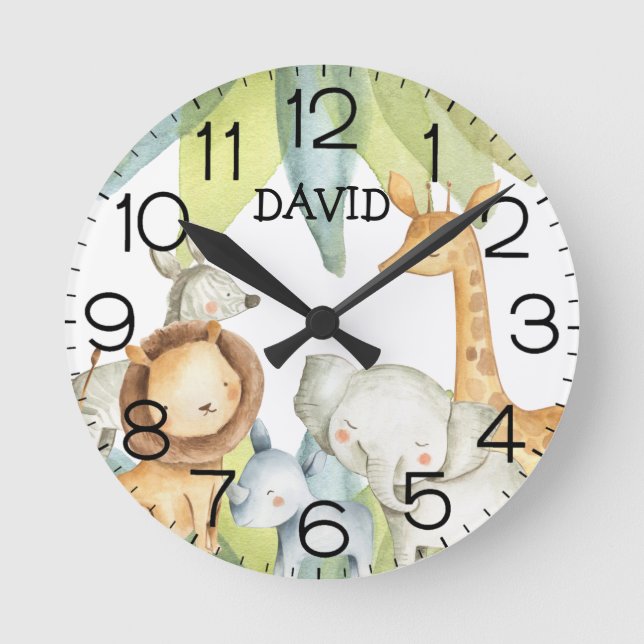 Horloge Ronde Jungle Animaux Safari Nursery personnalisée (Recto)