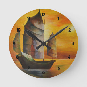 Horloge Ronde Junk chinoise en ocre et jaune
