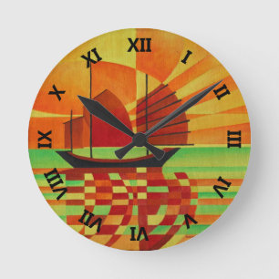 Horloge Ronde Junk on Sea of Green Cubist Abstrait