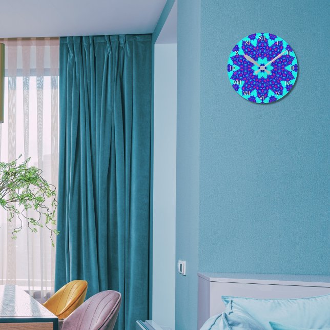 Horloge Ronde Kaléidoscope bleu magique fleuri numéroté (Créateur téléchargé)