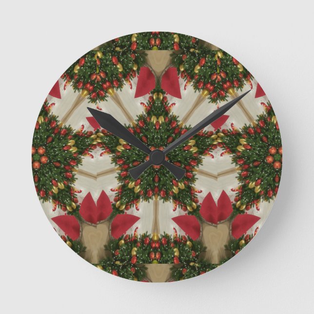 Horloge Ronde Kaléïdoscopique vert rouge de guirlande élégante (Recto)