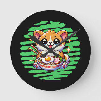 Horloge Ronde Kawaii Corgi manger bol de Ramen