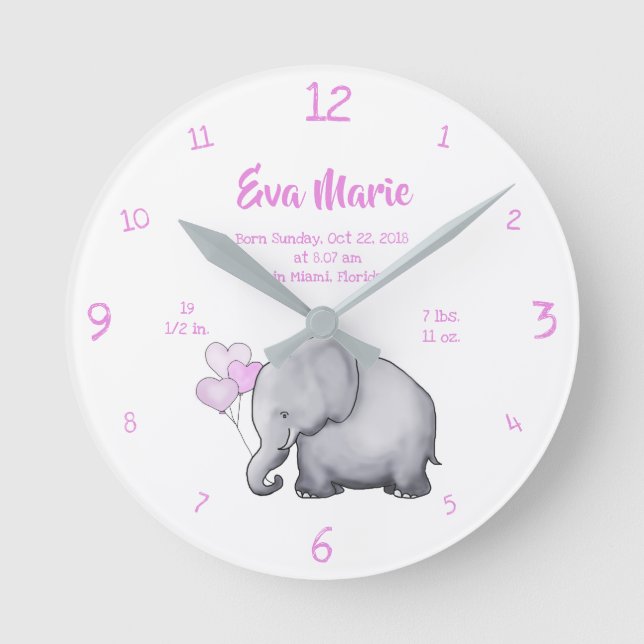 Horloge Ronde Keepsake Baby Girl Birth Stats Elephant Nursery (Recto)