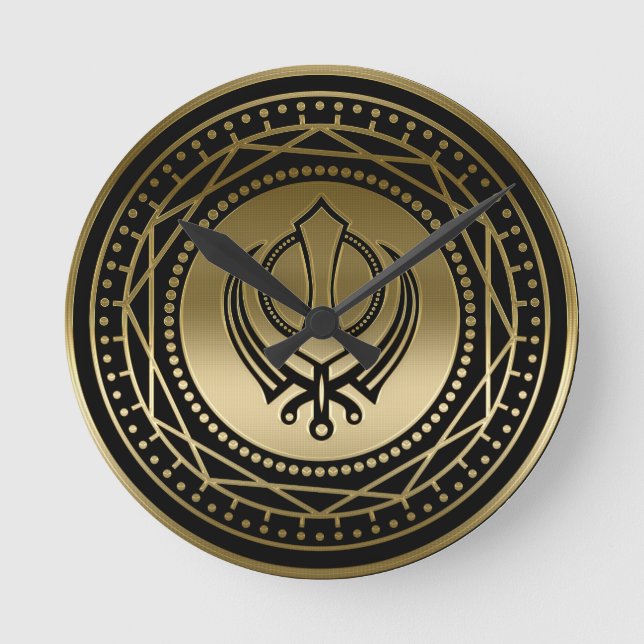 Horloge Ronde Khanda décoratif symbole or sur noir (Recto)