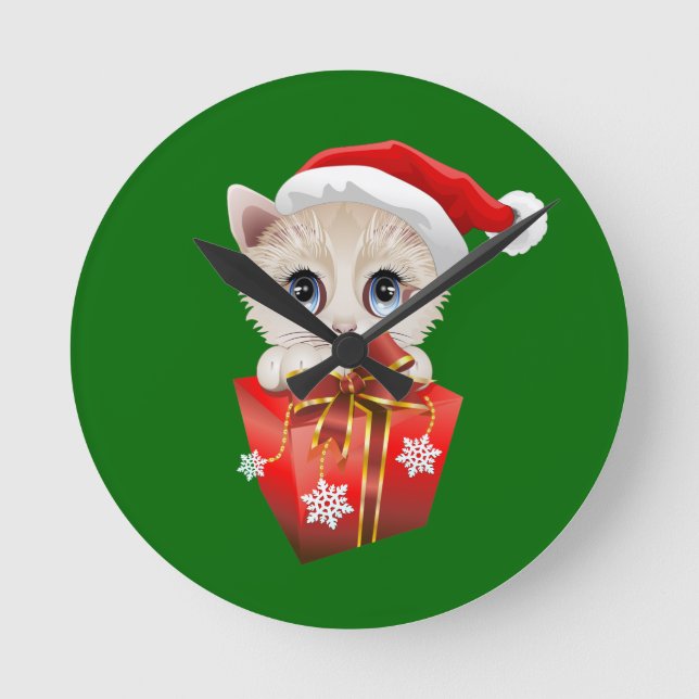 Horloge Ronde Kitten Noël Père Noël avec cadeau (Recto)