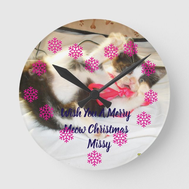 Horloge Ronde Kitten Photo Text Jingle Meows, Customize,  (Recto)