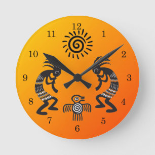 Horloge Ronde Kokopelli With Native Sun and Native Bird