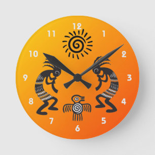 Horloge Ronde Kokopelli With Native Sun and Native Bird