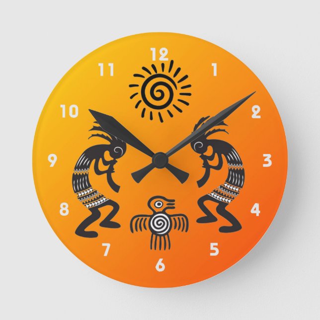 Horloge Ronde Kokopelli With Native Sun and Native Bird (Recto)