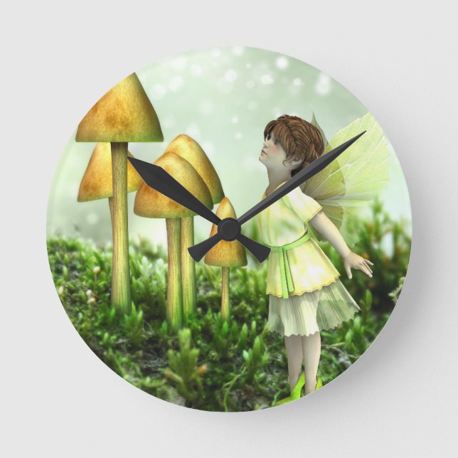 Horloge Ronde La fée curieuse - fée et champignons (Recto)