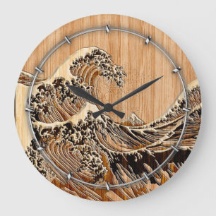 Horloge Ronde La Grande Vague Hokusai Bamboo Bois Grain