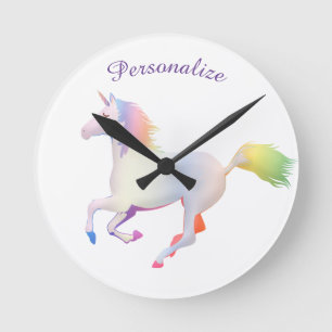 Horloge Ronde La salle de l'enfant Rainbow Unicorn personnalisé