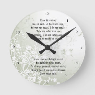 Horloge Ronde L'amour n'échoue jamais Écriture chrétienne Blanc 