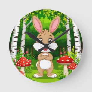 Horloge Ronde Lapin de dessin animé mignon debout dans une forêt