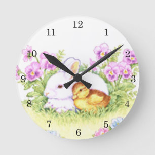 Horloge Ronde Lapin de Pâques, Caneton et Fleurs