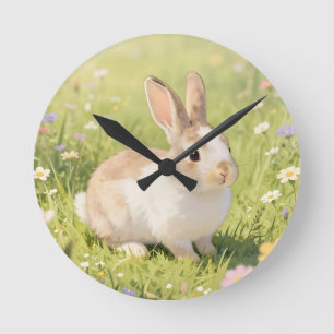 Horloge Ronde Lapin Mignon et Fluffy dans une Prairie de Fleurs 
