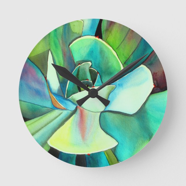 Horloge Ronde L'aquarelle du désert bleu et vert Succulent (Recto)