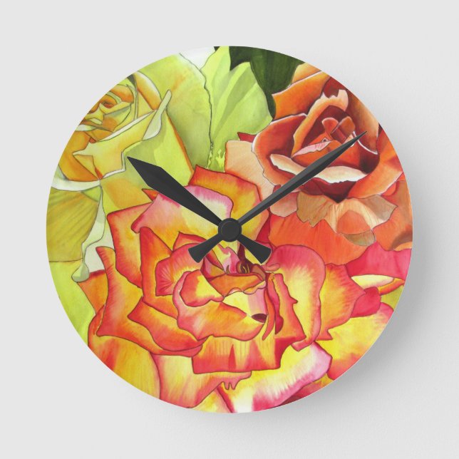 Horloge Ronde L'art de l'aquarelle aux roses orange et jaune (Recto)