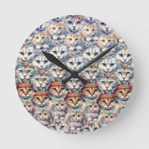 Horloge Ronde Le chat fait face au Motif Hexagon
