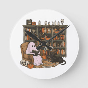 Horloge Ronde Lecteur fantôme Livre Amateur de chats Halloween 