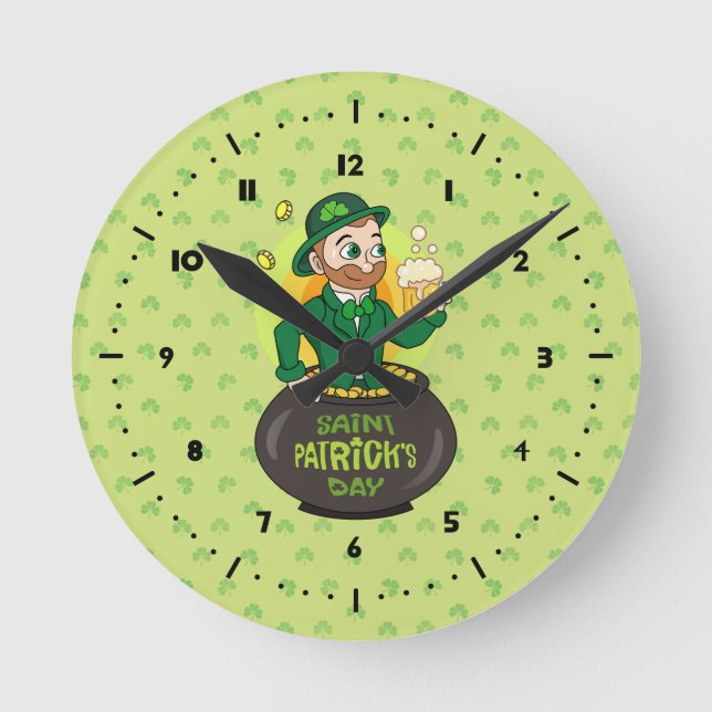 Horloge Ronde Leprechaun de dessin dans une casserole d'or tenan (Recto)