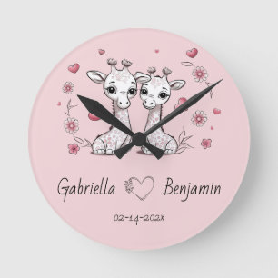 Horloge Ronde Les amateurs de Giraffe Cartoon Coeur Saint-Valent