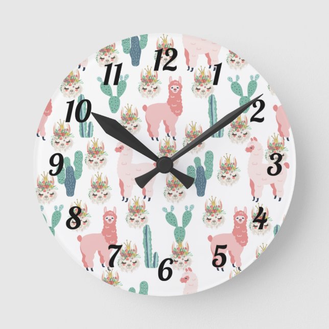 Horloge Ronde Les enfants de Cute Pink Llamas et Green Cactus (Recto)
