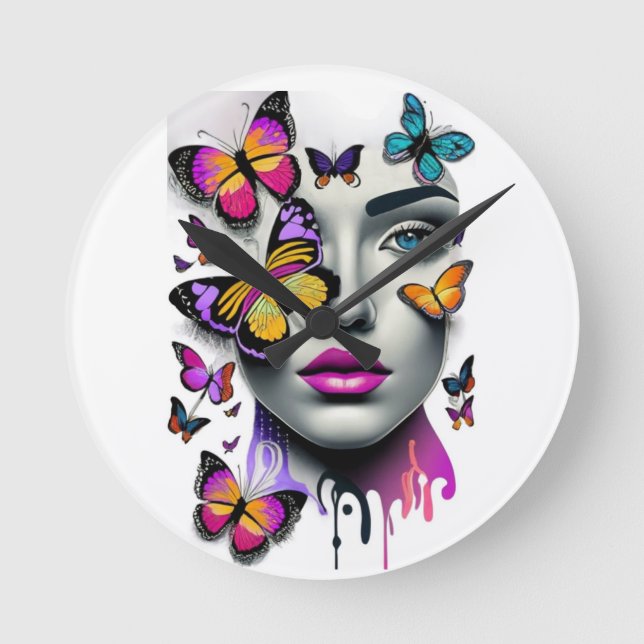 Horloge Ronde Les femmes visage et papillons, imaginaire (Recto)