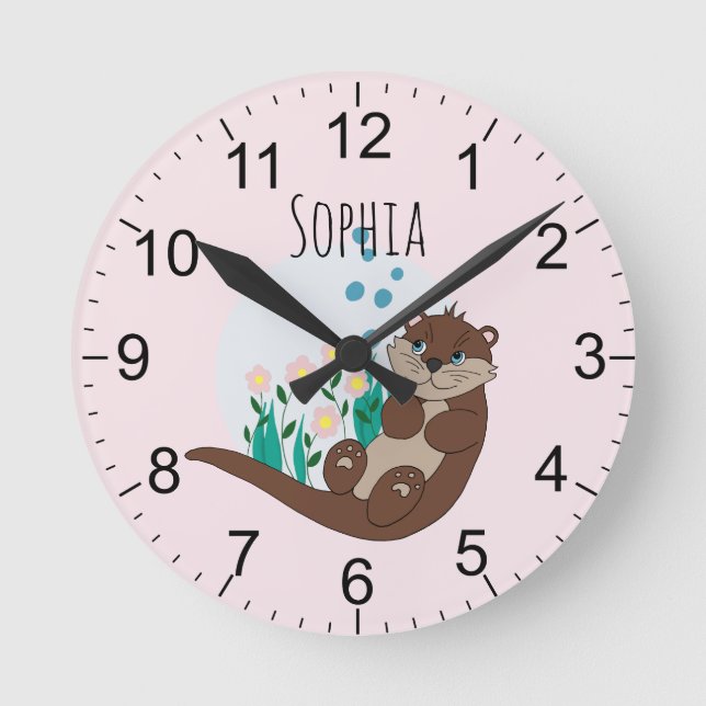 Horloge Ronde Les filles adorent les fleurs de loutres roses et  (Recto)