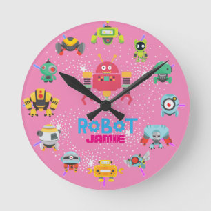 Horloge Ronde Les filles adorent les ROBOTS rose amusant dessin