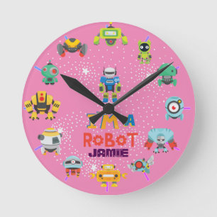 Horloge Ronde Les filles aiment les robots rose mignon dessin an