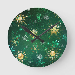 Horloge Ronde Les flocons dorés de Noël sur l'Arrière - plan ver