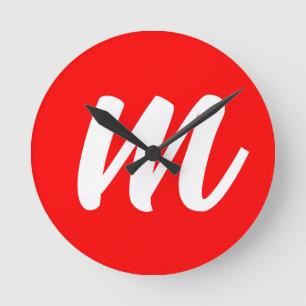 Horloge Ronde LETTRE INITIALE CalliGRAPHIQUE BLANCHE ROUGE