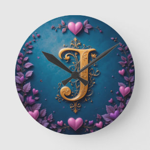 Horloge Ronde Lettre J dorée élégante inspirée par l'amour et la