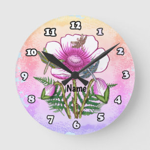 Horloge Ronde Libellule Coquelicot Rose
