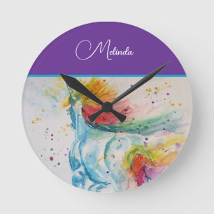 Horloge Ronde Licorne Arc-en-ciel Violet Aquarelle Anniversaire 