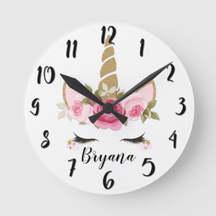 Horloge Ronde Licorne Or Rose Floral Mignon Branché Chambre à co