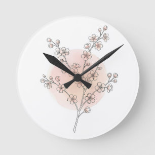 Horloge Ronde Ligne artistique de fleurs de cerisier rose pêche