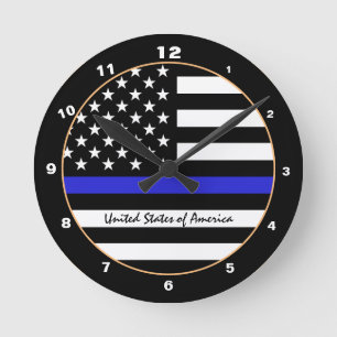 Horloge Ronde Ligne Bleue Mince & Police américaine du Drapeau /