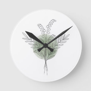 Horloge Ronde Ligne botanique de muguet aquarelle