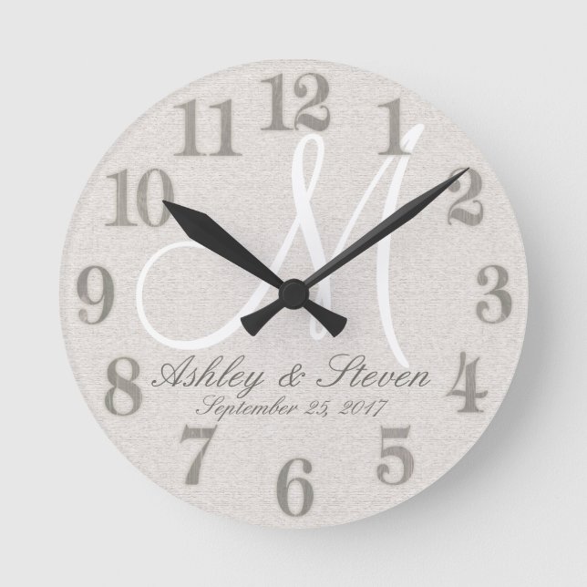 Horloge Ronde Lin rustique avec Monogramme blanc (Recto)
